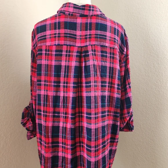 Intro 3/4 rolled sleeve plaid button-up collared over-shirt, sz XL - Picture 4 of 12
